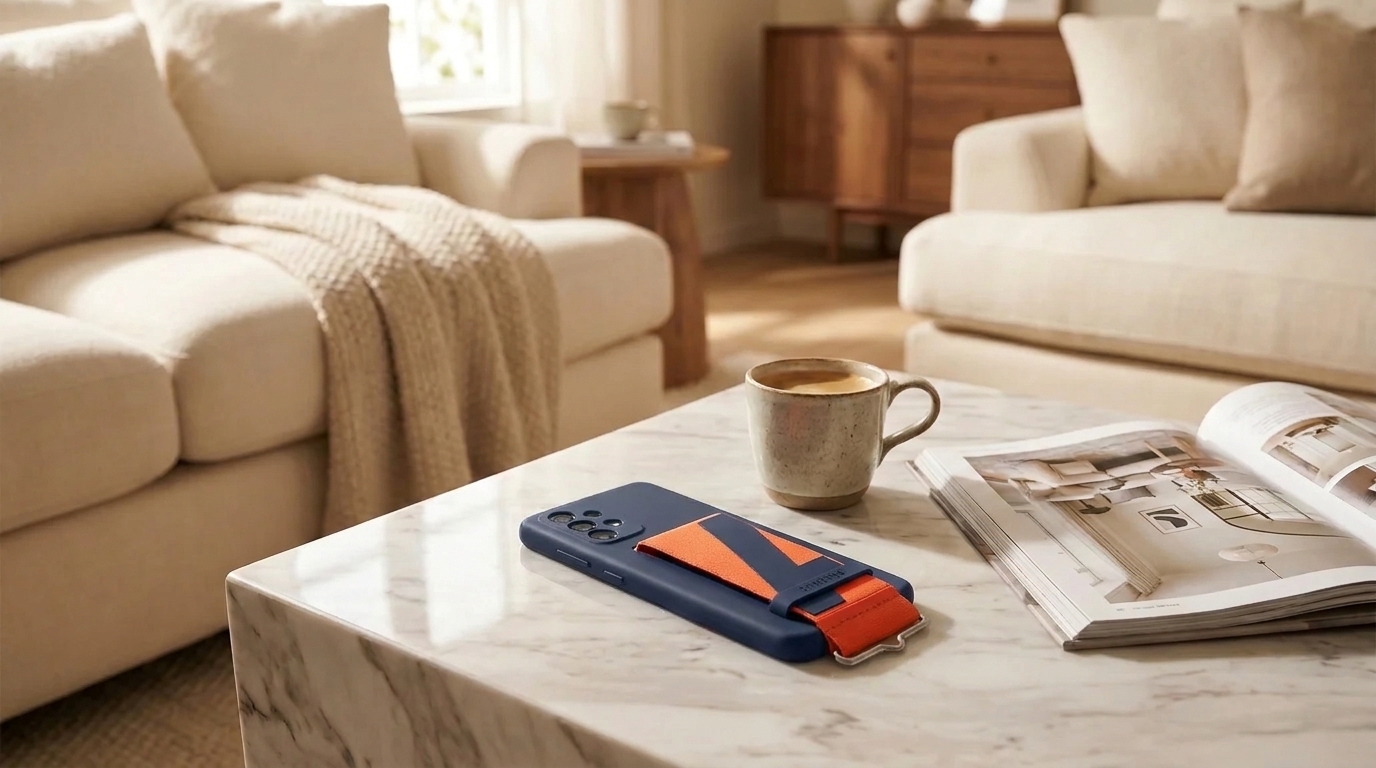 Tmavě modrý kryt Samsung s oranžovým poutkem na mramorovém stolku vedle šálku kávy a otevřeného časopisu.