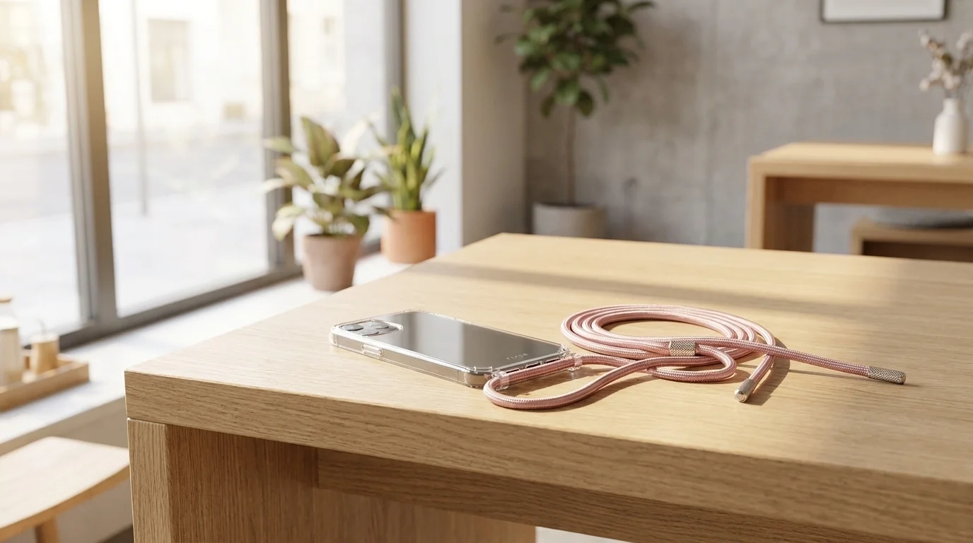 Průhledné pouzdro na telefon FIXED Pure Neck s růžovou šňůrkou položené na dřevěném stole.