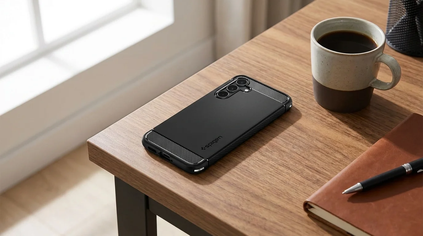 Černý kryt Spigen Rugged Armor na telefonu položeném na dřevěném stole vedle hrnku s kávou a zápisníku.