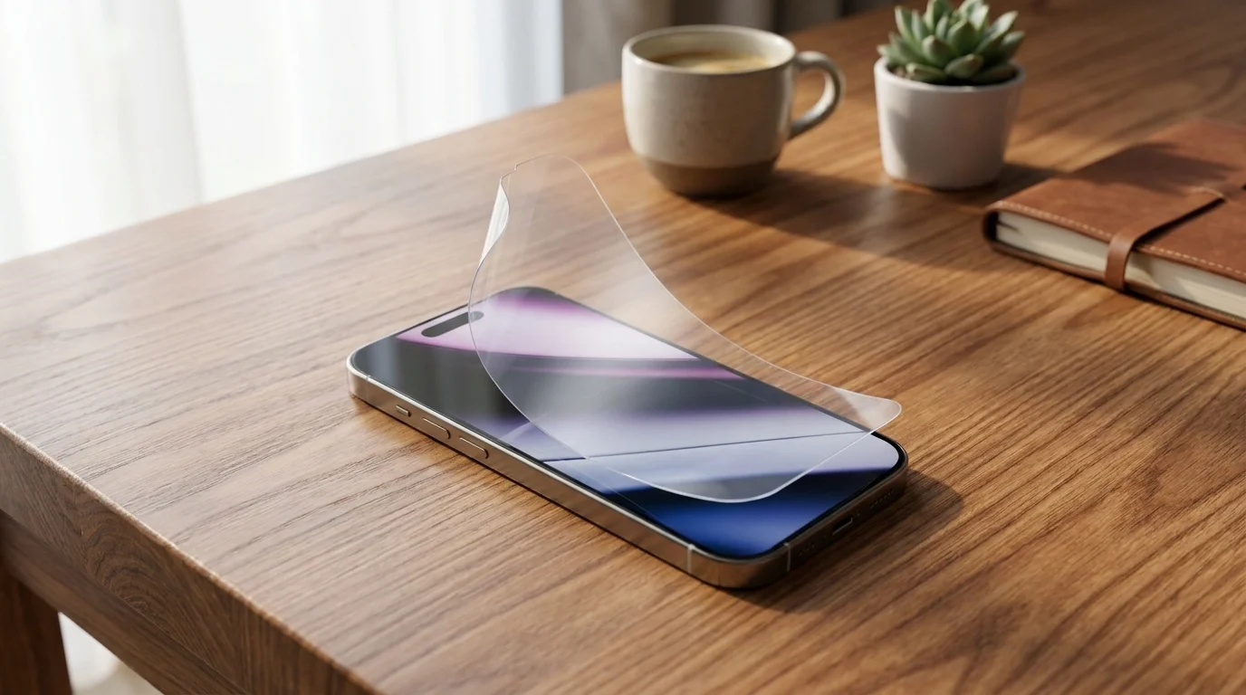 Flexibilní ochranné sklo Epico FlexiGlass prohnuté nad displejem telefonu iPhone 16 Pro na dřevěném stole.