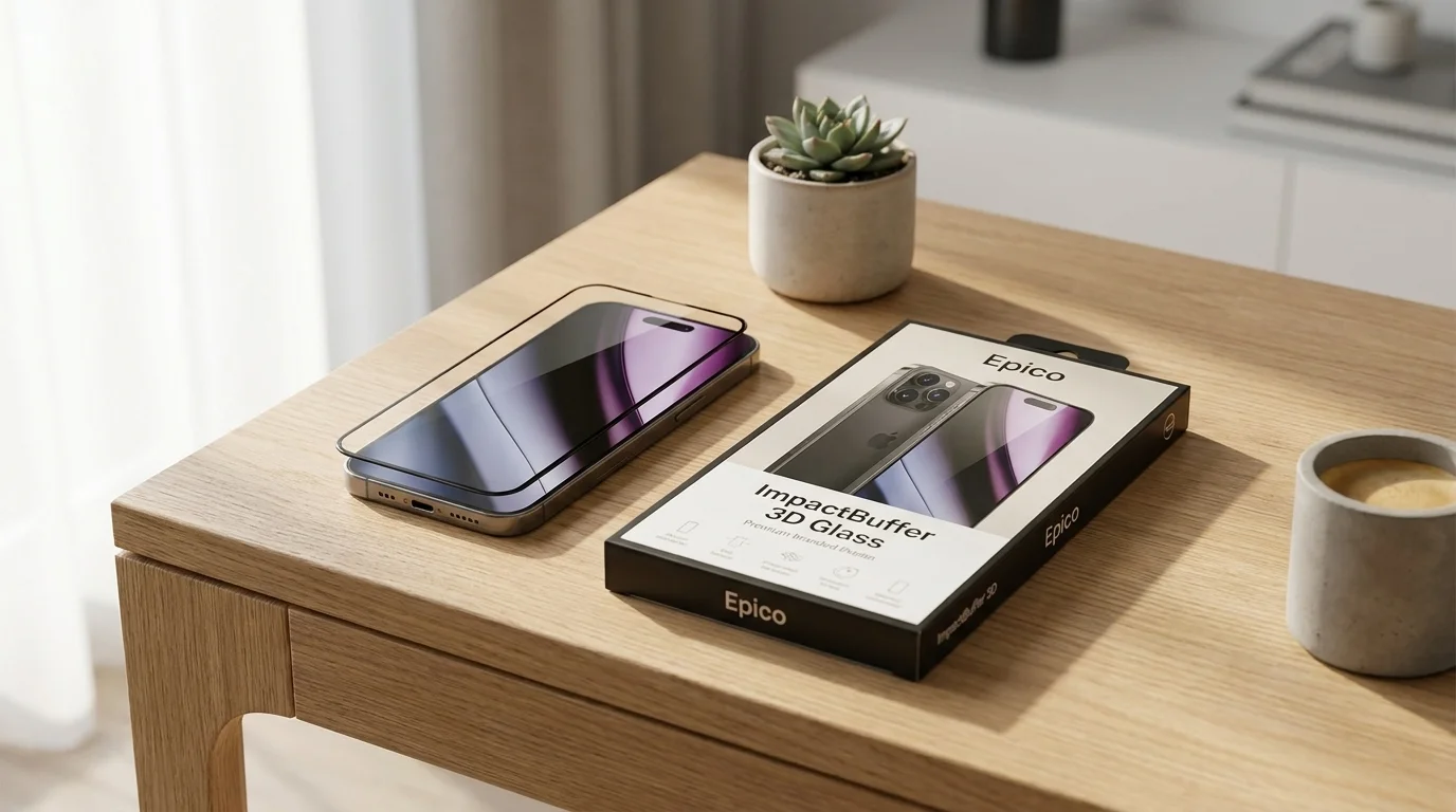 Ochranné sklo Epico ImpactBuffer 3D Glass nad displejem telefonu iPhone vedle balení na dřevěném stole.