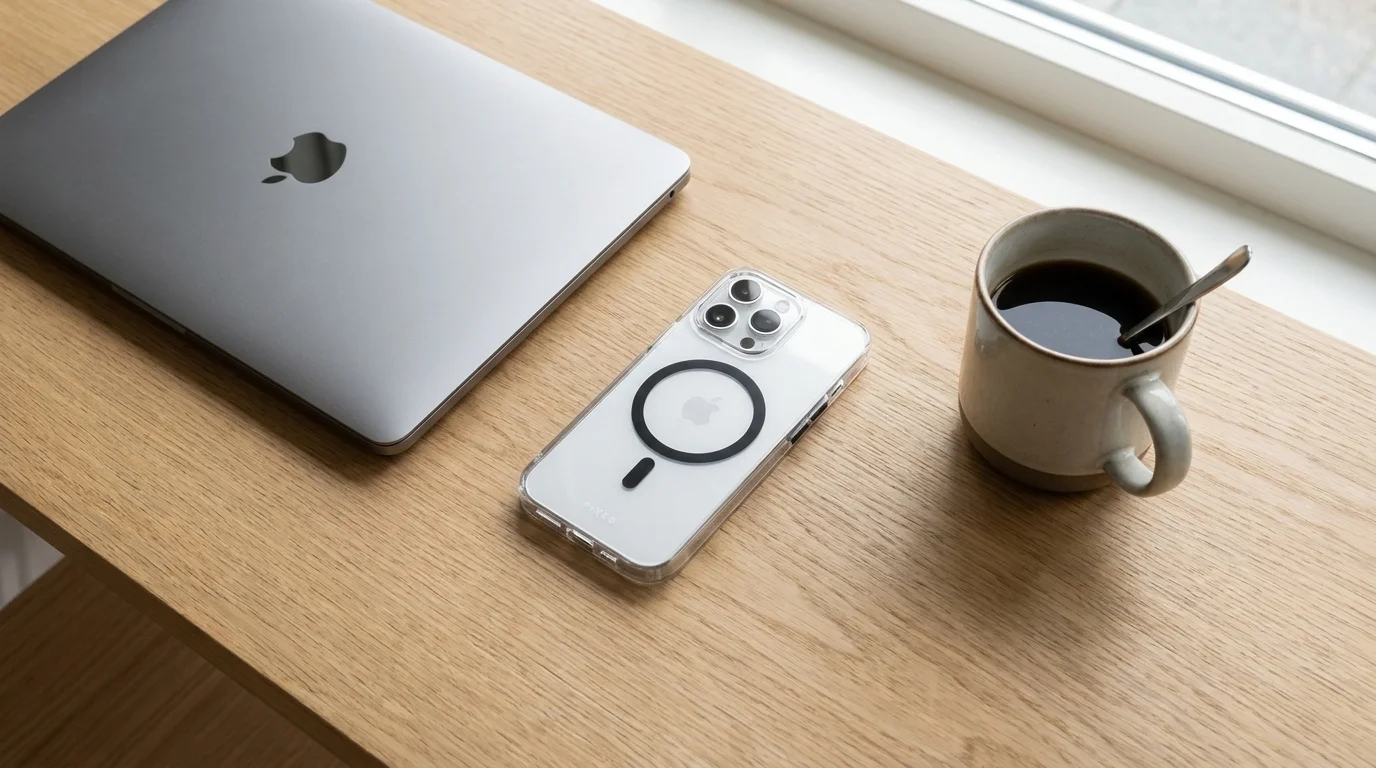 Telefon iPhone v průhledném MagSafe krytu FIXED MagPurity položený na dřevěném stole vedle notebooku a hrnku kávy.