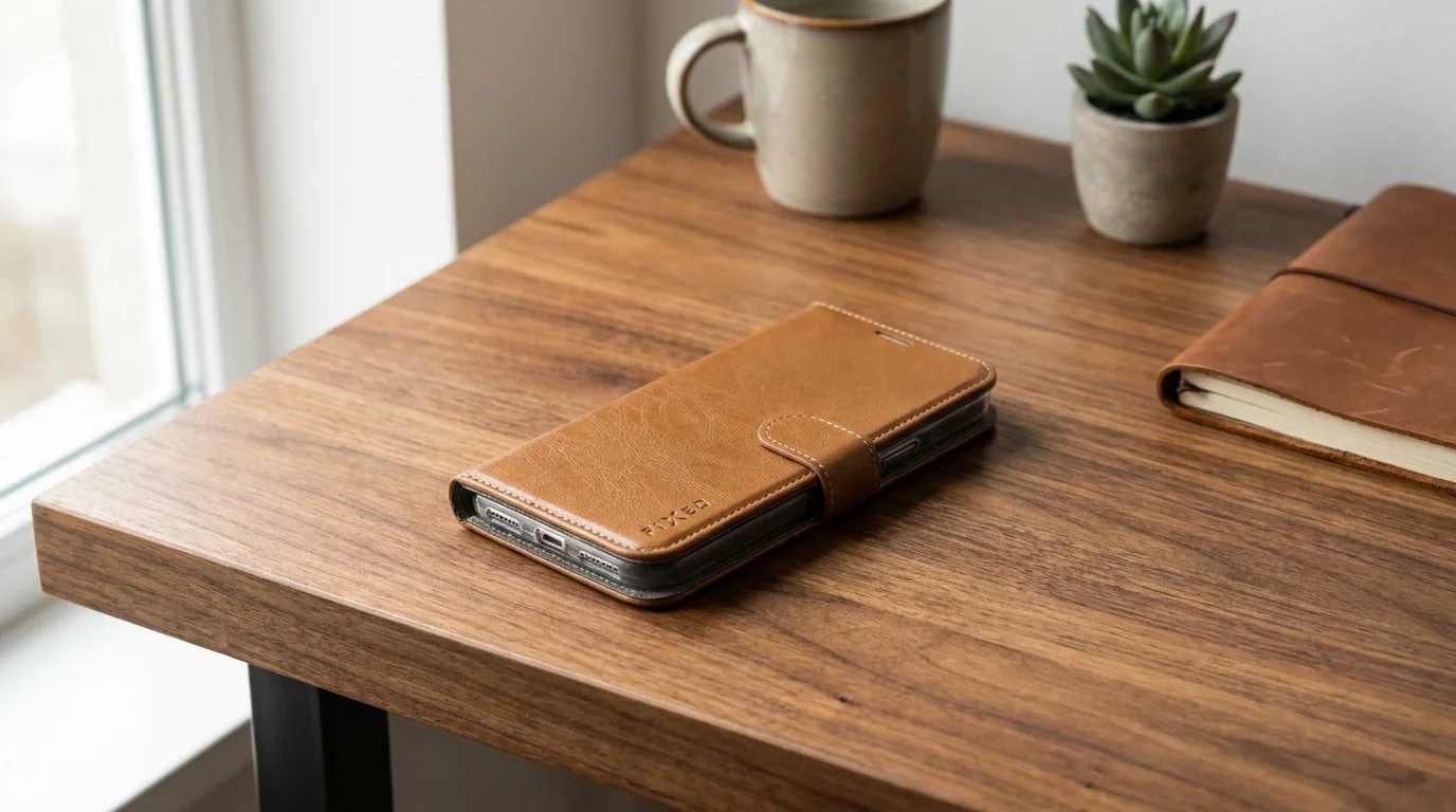 Zavřené hnědé flipové pouzdro FIXED Opus pro Samsung Galaxy A55 5G položené na dřevěném stole.