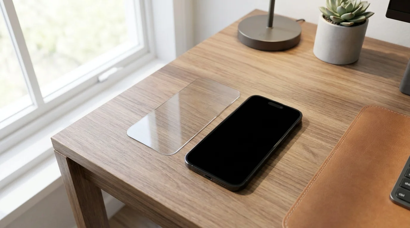 Čiré tvrzené sklo FIXED položené na dřevěném stole vedle telefonu iPhone 16 Pro Max.