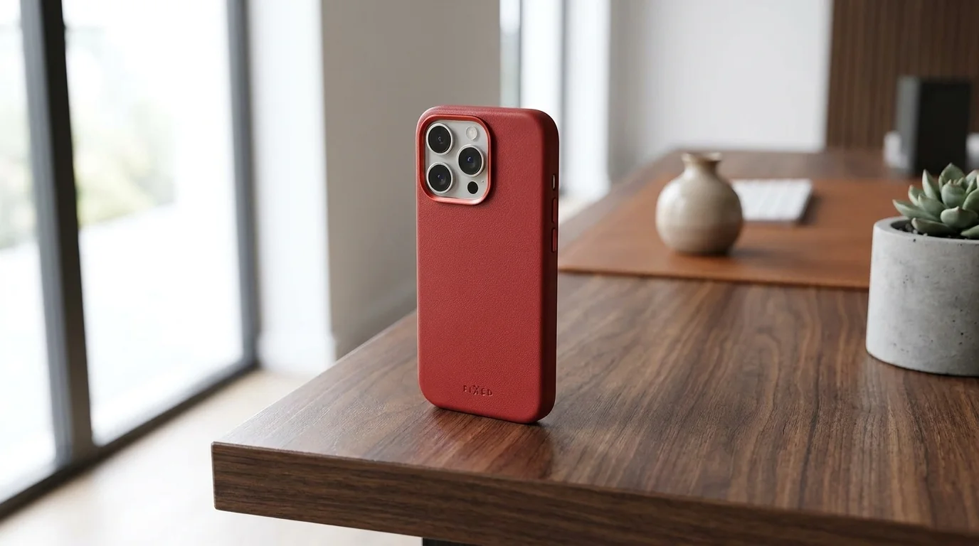 Červený kožený kryt FIXED MagLeather pro iPhone postavený na dřevěném pracovním stole.