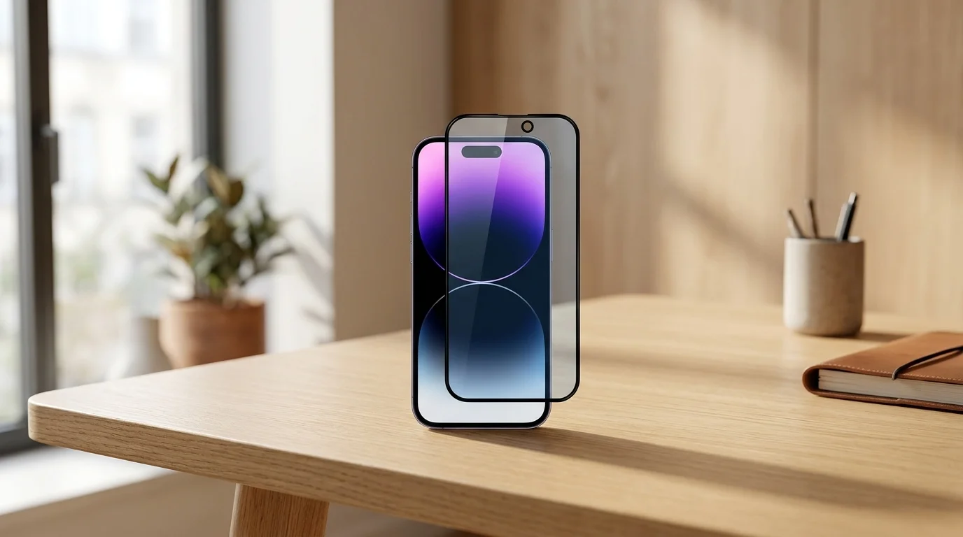 Ochranné sklo Epico před rozsvíceným displejem telefonu iPhone 15 na dřevěném stole.