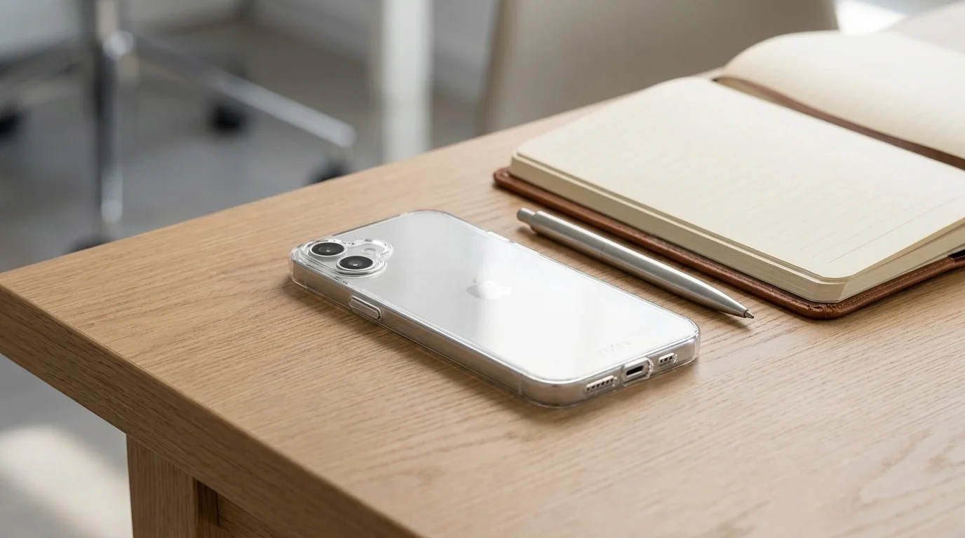 Telefon iPhone v transparentním krytu FIXED TPU ležící na dřevěném stole vedle psacího pera a zápisníku.