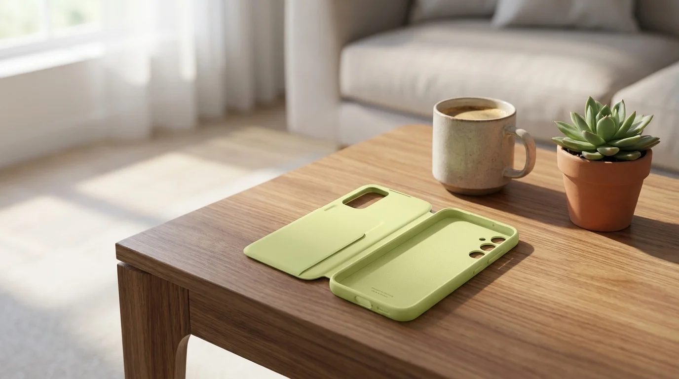 Otevřené limetkově zelené pouzdro Samsung Smart View Wallet pro Galaxy A34 položené na dřevěném stole.
