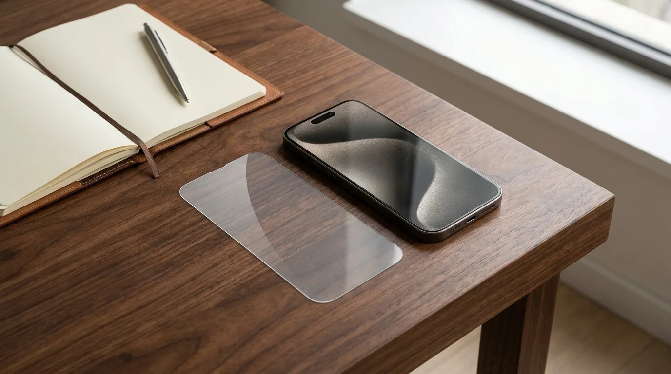 Průhledné ochranné sklo Epico FlexiGlass na dřevěném stole vedle telefonu iPhone a otevřeného zápisníku.