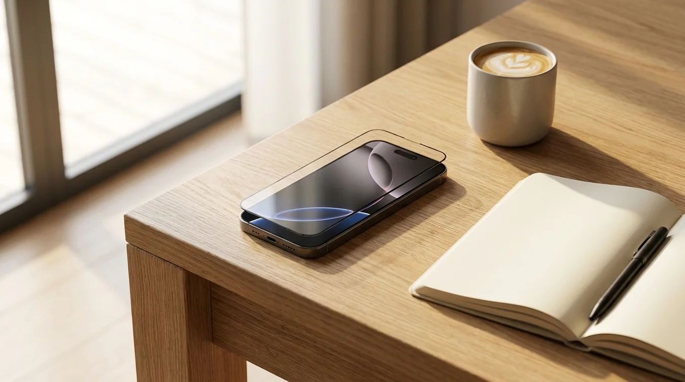 Ochranné sklo Epico nad displejem telefonu iPhone 16 Pro na dřevěném stole vedle zápisníku a šálku kávy.