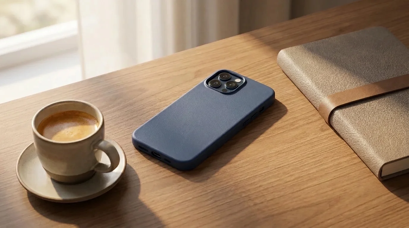 Modrý kryt Epico MagLeather na telefonu položeném na dřevěném stole vedle šálku kávy a zápisníku.