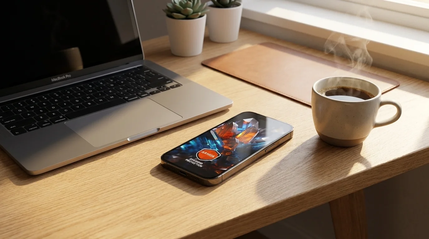 iPhone 15 Pro s ochranným sklem FIXED Armor položený na dřevěném stole vedle notebooku a šálku kávy.