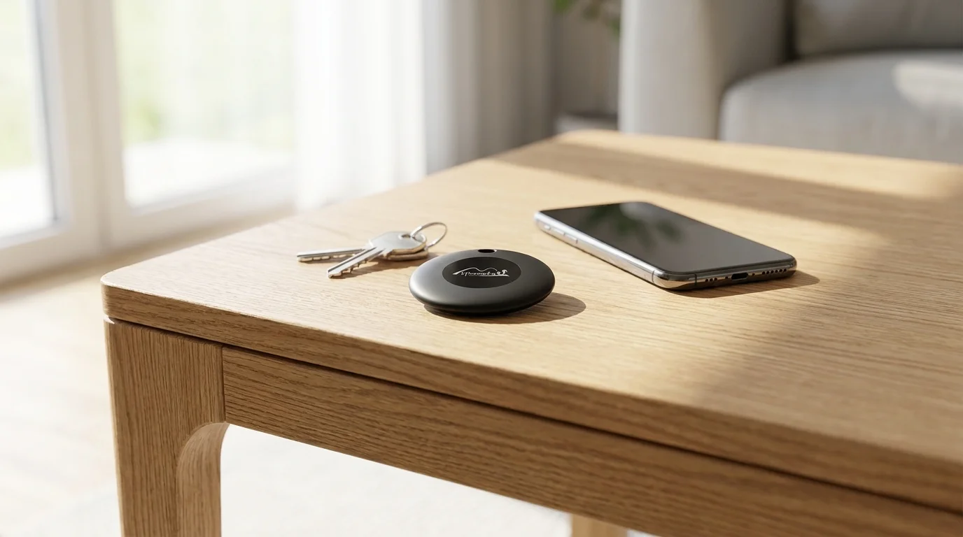 Černý Bluetooth lokátor Aligator LifeTag ležící na dřevěném stolku vedle klíčů a chytrého telefonu.
