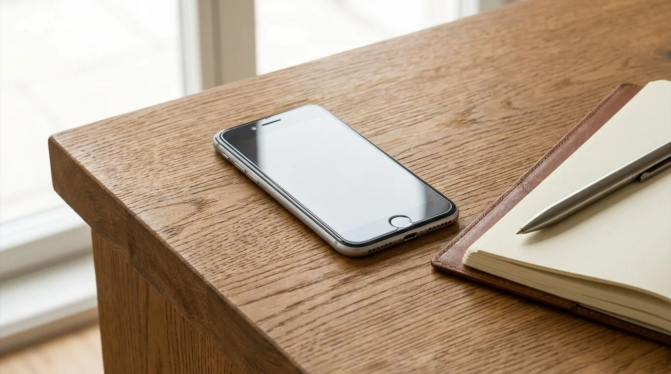 Telefon iPhone s nalepeným ochranným sklem Epico na dřevěném stole vedle zápisníku s perem.