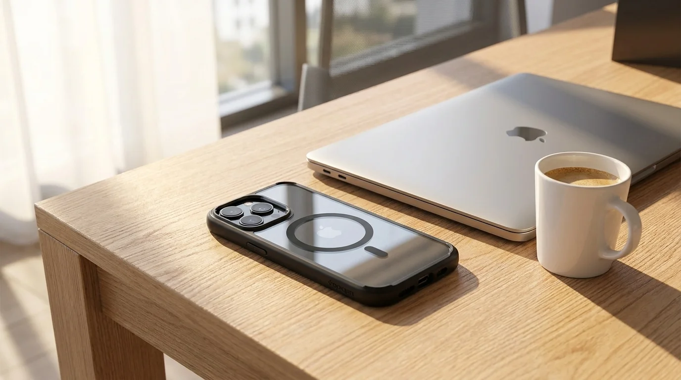 Telefon iPhone 16 Pro v krytu Spigen Ultra Hybrid MagSafe leží na dřevěném stole vedle notebooku a šálku kávy.