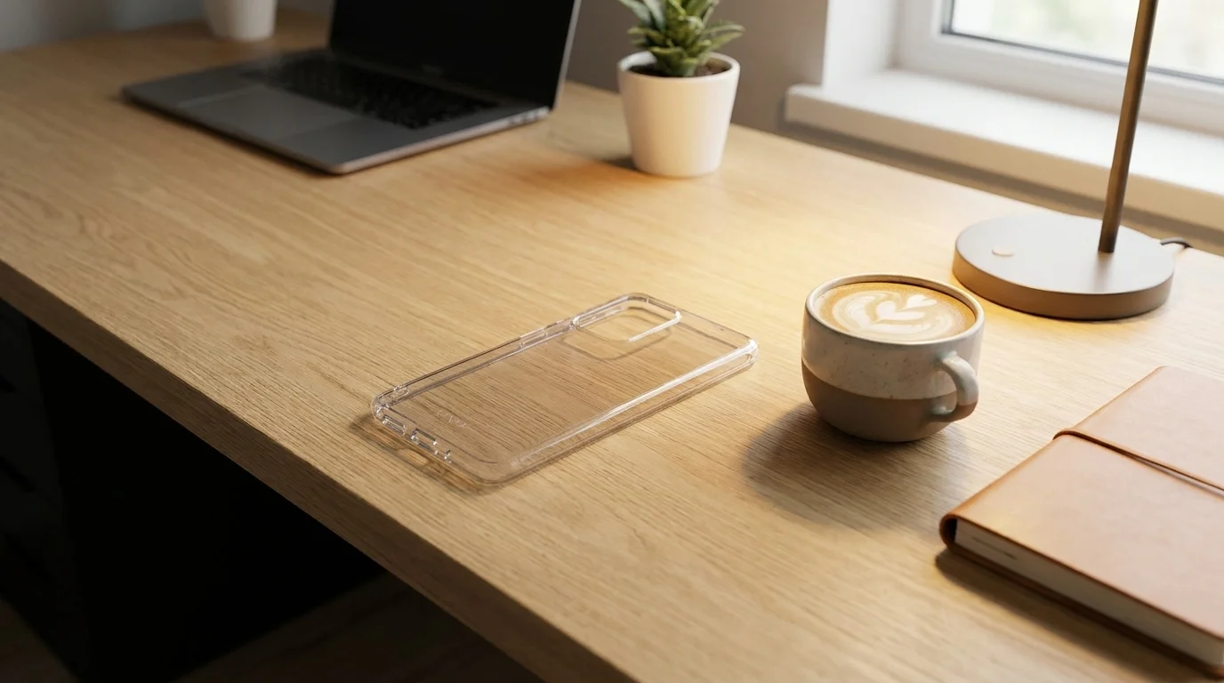 Čiré TPU pouzdro FIXED pro Motorola Moto G85/S50 Neo položené na dřevěném stole vedle šálku kávy.