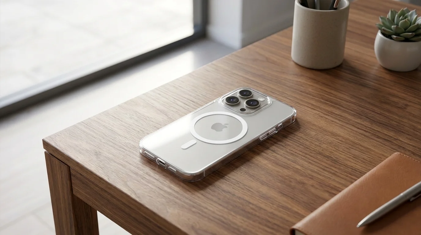 Průhledný kryt Epico Mag+ Hero s kroužkem MagSafe na telefonu iPhone 15 Pro Max ležícím na dřevěném stole.