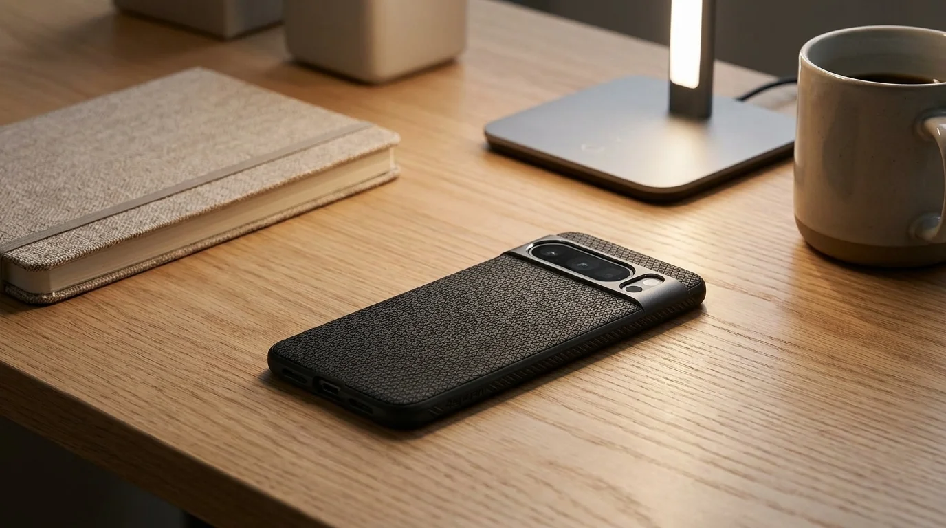 Telefon Google Pixel 8 Pro v černém krytu Spigen Liquid Air položený na dřevěném stole vedle zápisníku a hrnku.