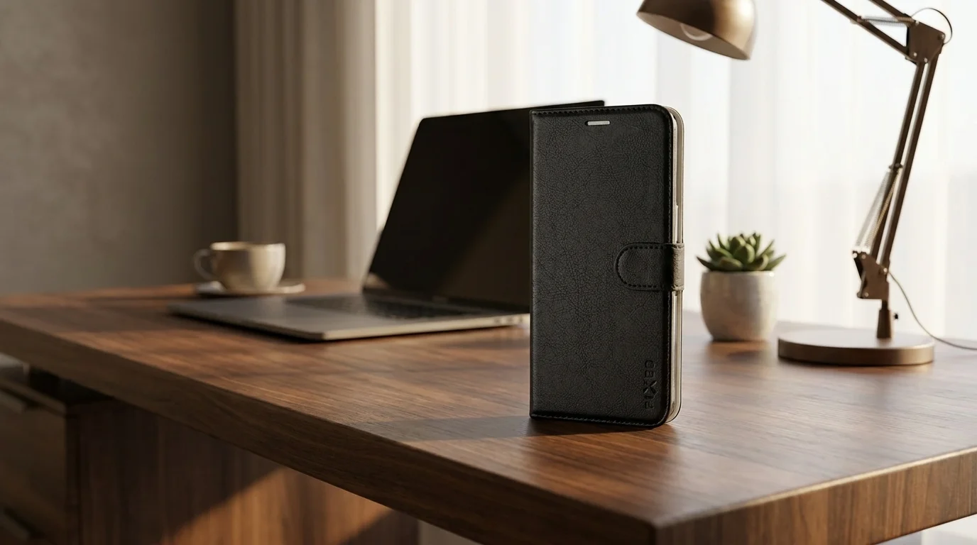 Zavřené černé flipové pouzdro FIXED Opus pro Honor 200 Lite 5G stojící na dřevěném pracovním stole.