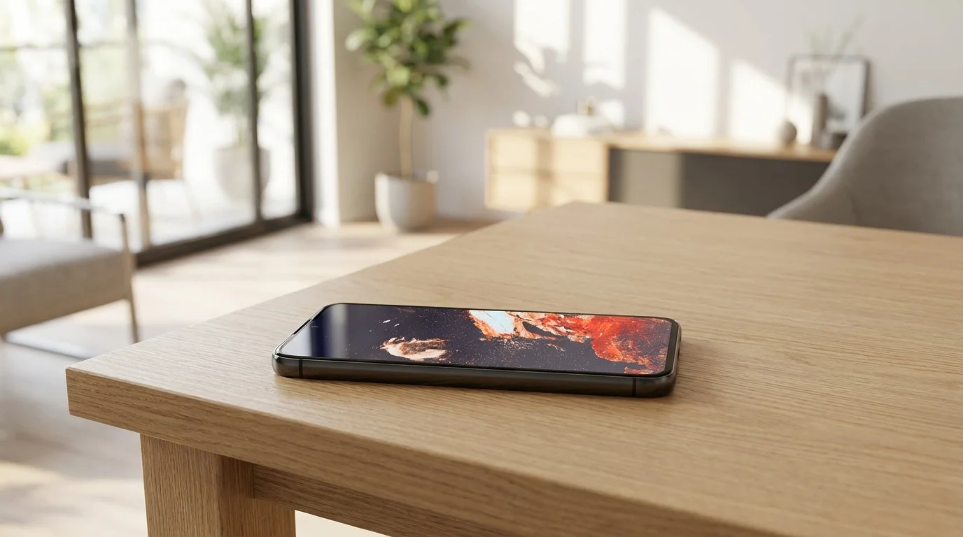 Smartphone s nalepeným ochranným sklem FIXED Armor položený na dřevěném stole.