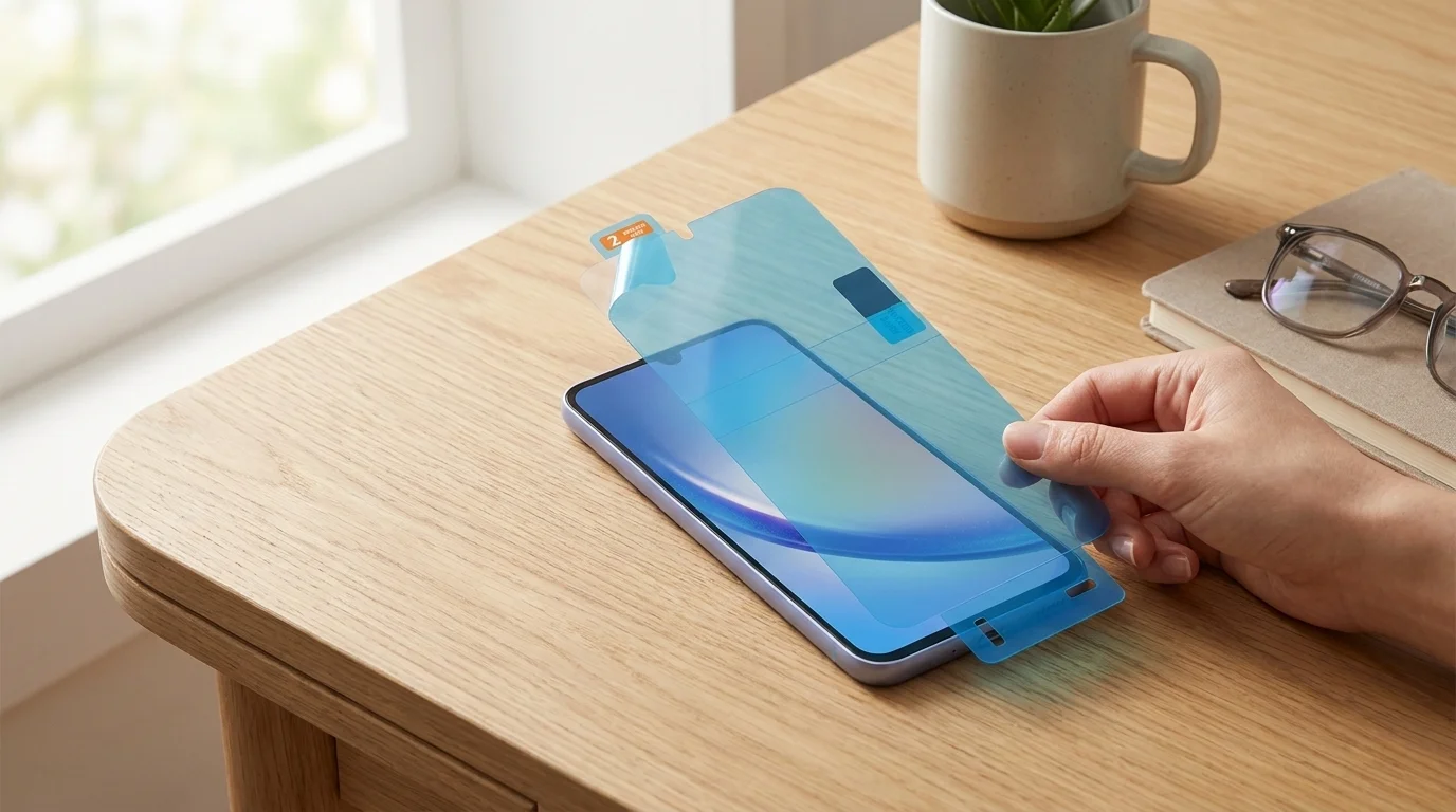 Aplikace ochranné fólie na displej smartphonu Samsung Galaxy A34 na dřevěném stole.