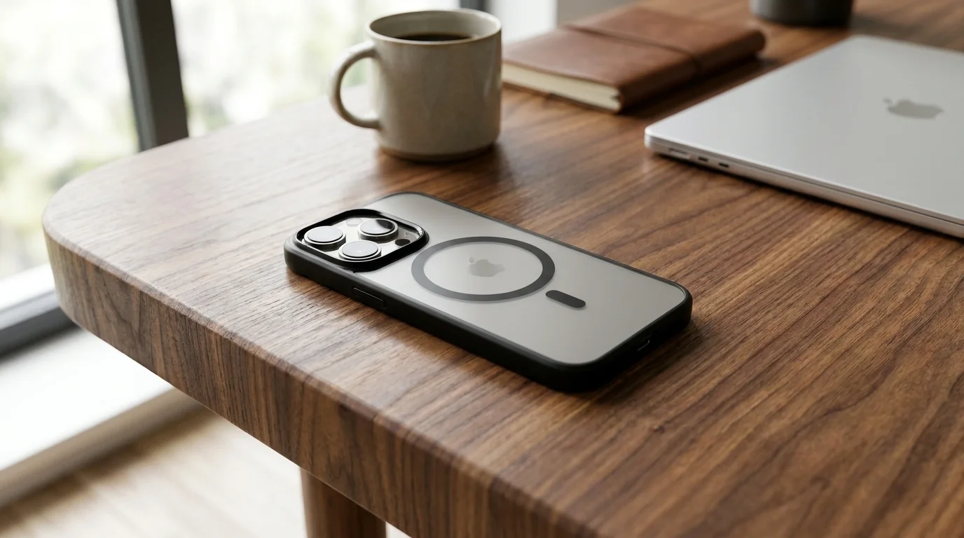 iPhone 16 Pro v krytu Epico Mag+ HeroPro Case položený na dřevěném stole vedle hrnku s kávou a notebooku.