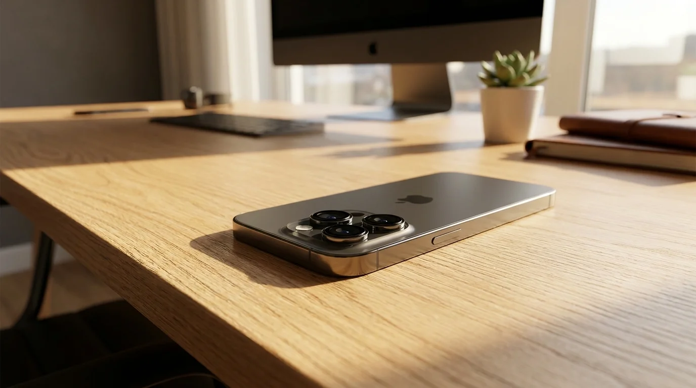 Ochranná skla FIXED Camera Glass nasazená na čočkách fotoaparátu telefonu Apple iPhone položeného na dřevěném stole.