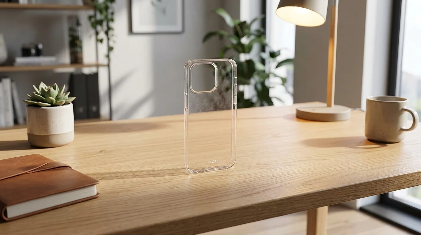 Průhledný kryt FIXED AntiUV TPU pro iPhone 15 Pro Max stojící na dřevěném stole.