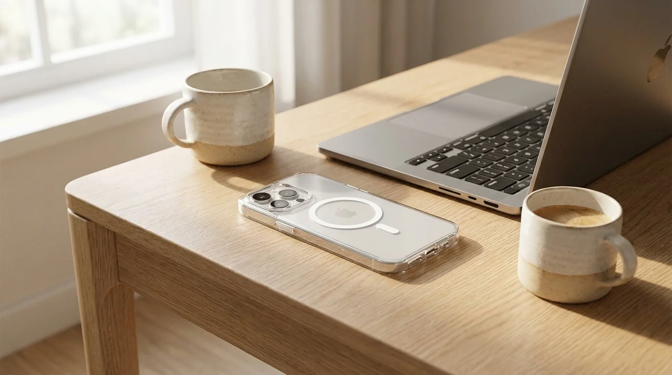 Průhledný kryt Epico Mag+ Hero s MagSafe kroužkem na telefonu iPhone ležící na dřevěném stole vedle notebooku a šálků kávy.