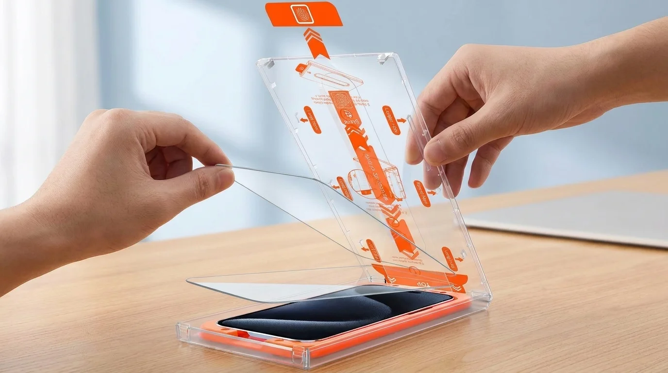 Aplikace ochranného skla Mobile Origin na iPhone pomocí průhledného instalačního rámečku.
