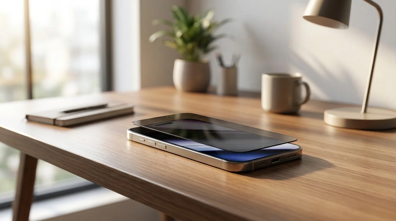 Ochranné sklo Epico Privacy Glass se vznáší nad displejem telefonu iPhone na dřevěném pracovním stole.
