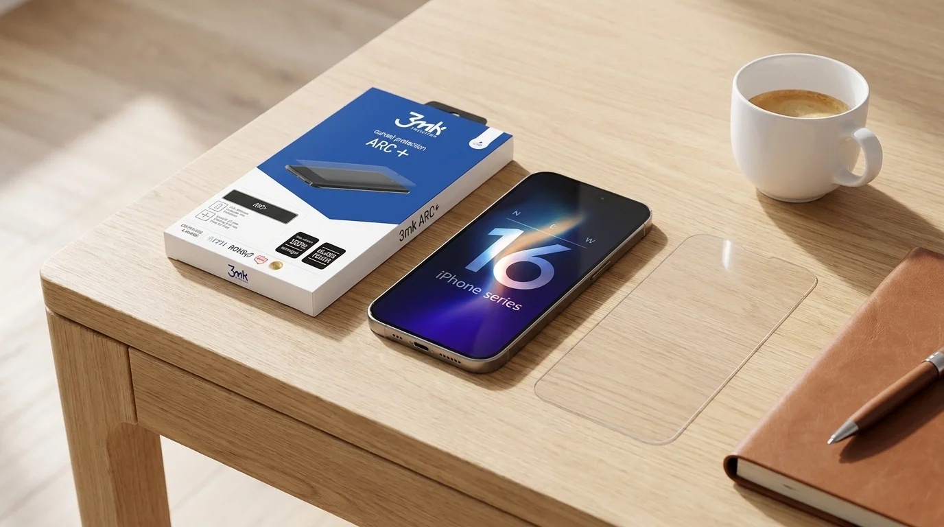 Balení fólie 3mk ARC+, telefon iPhone a průhledná ochranná fólie na dřevěném stole.