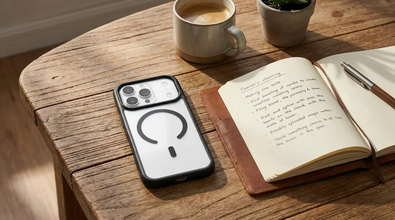 Telefon v krytu Epico Hero Pro Mag+ s magnetickým kroužkem leží na dřevěném stole vedle otevřeného zápisníku a šálku kávy.