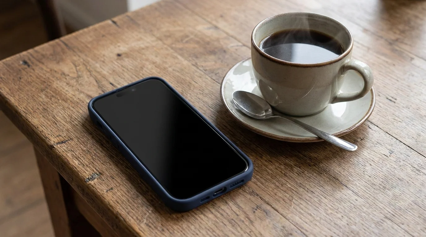 Modrý kryt FIXED Story na telefonu iPhone 16 Pro položeném na dřevěném stole vedle šálku kávy.