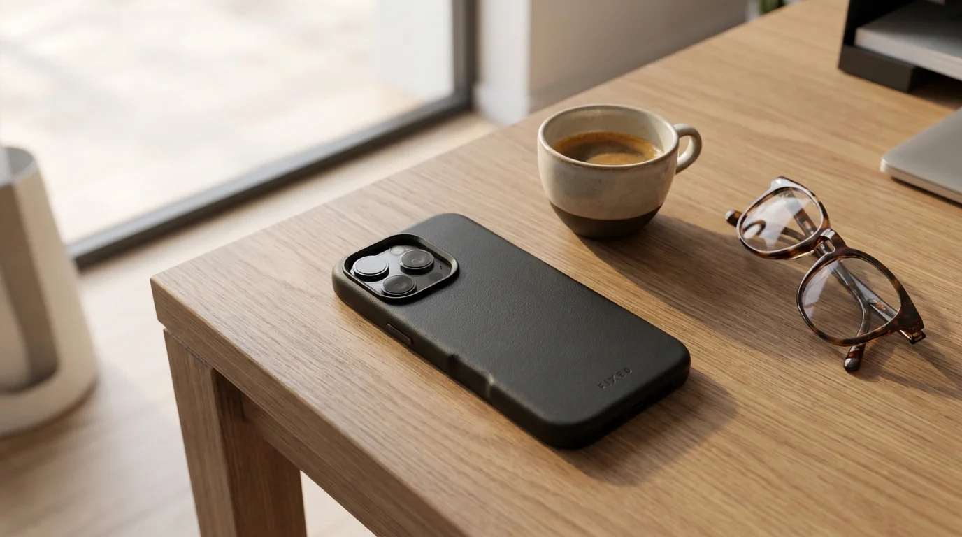 Černý kožený kryt FIXED MagLeather na telefonu iPhone 16 Pro položený na dřevěném stole vedle šálku kávy a brýlí.