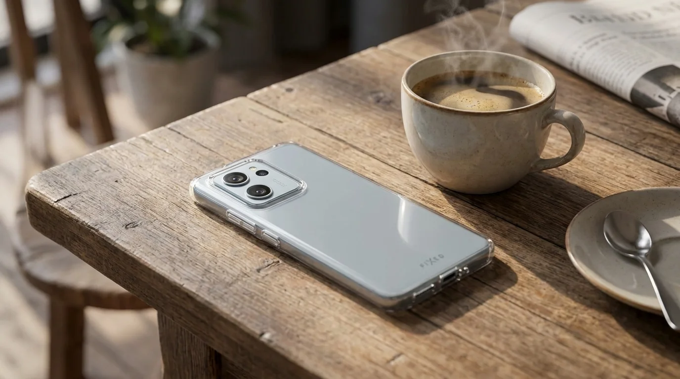 Telefon Xiaomi 14T Pro v průhledném pouzdře FIXED Story ležící na dřevěném stole vedle šálku kávy.