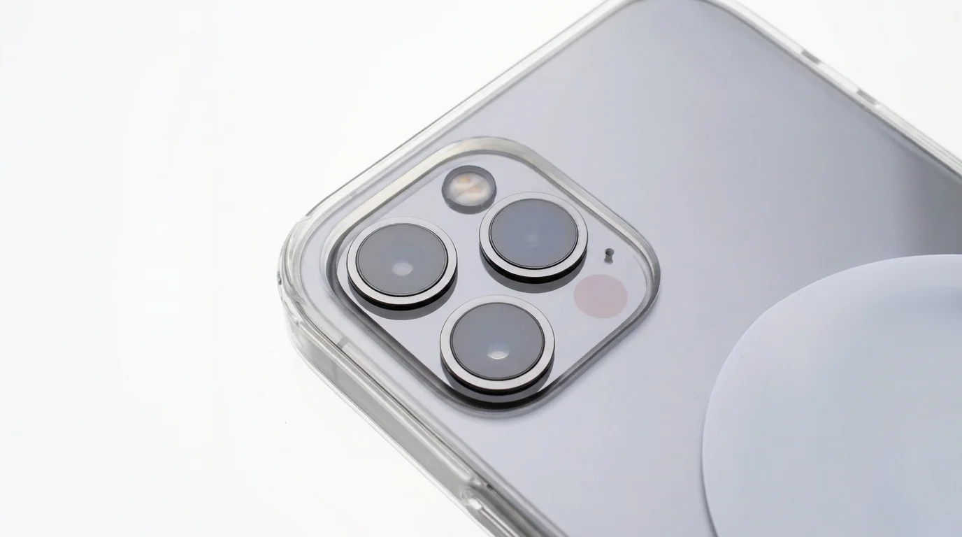 Detail fotoaparátu telefonu iPhone 14 Pro v průhledném krytu FIXED MagPure se zvýšeným ochranným okrajem.