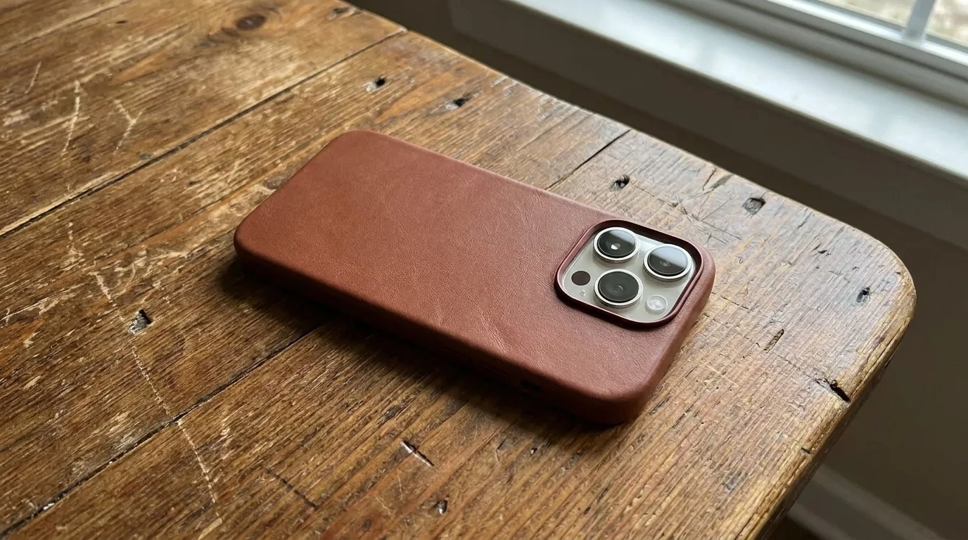 Telefon iPhone 16 Pro Max v hnědém koženém krytu Epico Mag+ Leather Case položený na dřevěném stole.