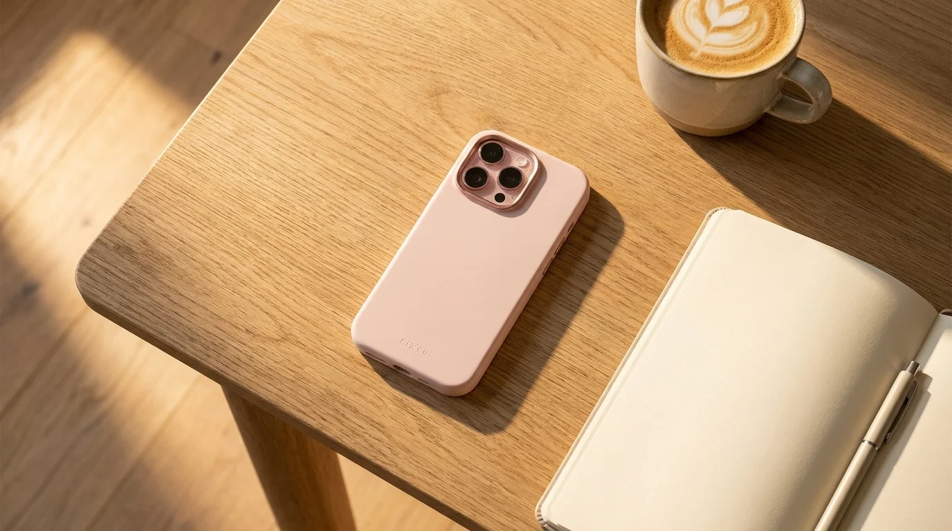 Růžový kryt FIXED MagFlow na iPhone 16 Pro položený na dřevěném stole vedle otevřeného zápisníku a šálku kávy.