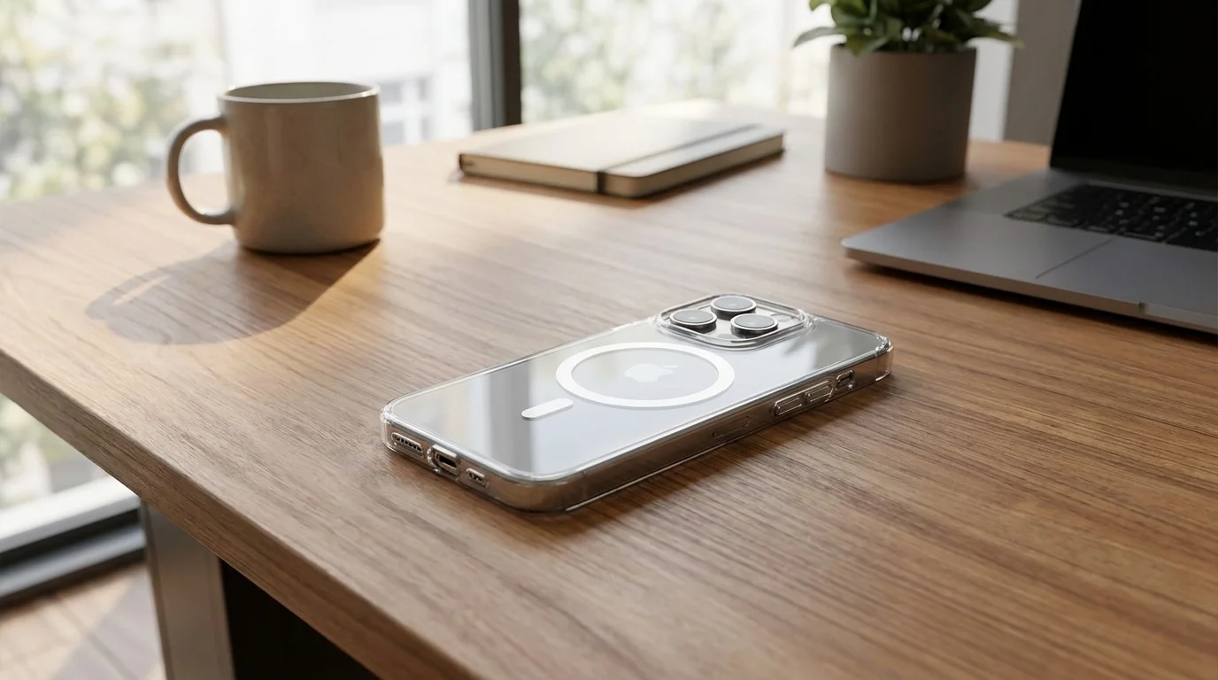 Telefon iPhone 16 Pro v průhledném krytu Epico Hero Mag+ s magnetickým kroužkem položený na dřevěném stole.