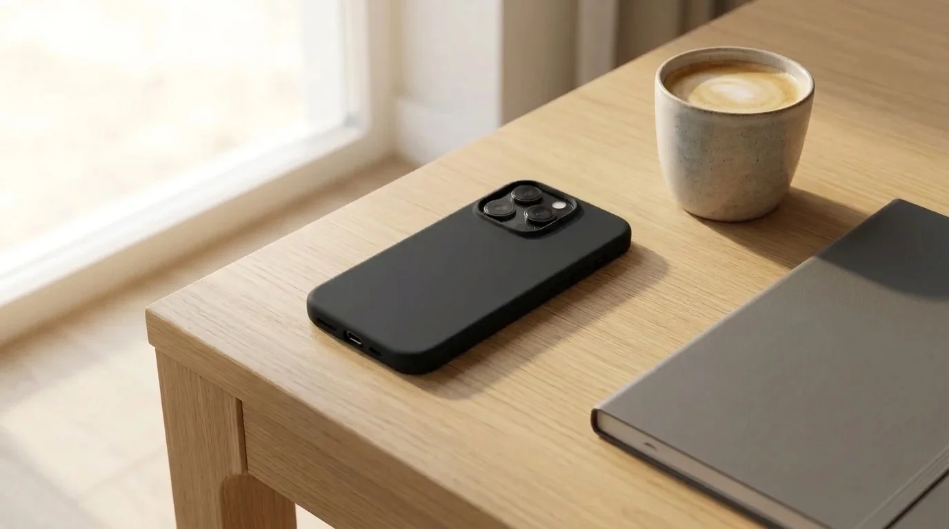 iPhone 15 Pro v černém krytu Epico Mag+ Silicone Case položený na dřevěném stole vedle šálku s kávou a zápisníku.