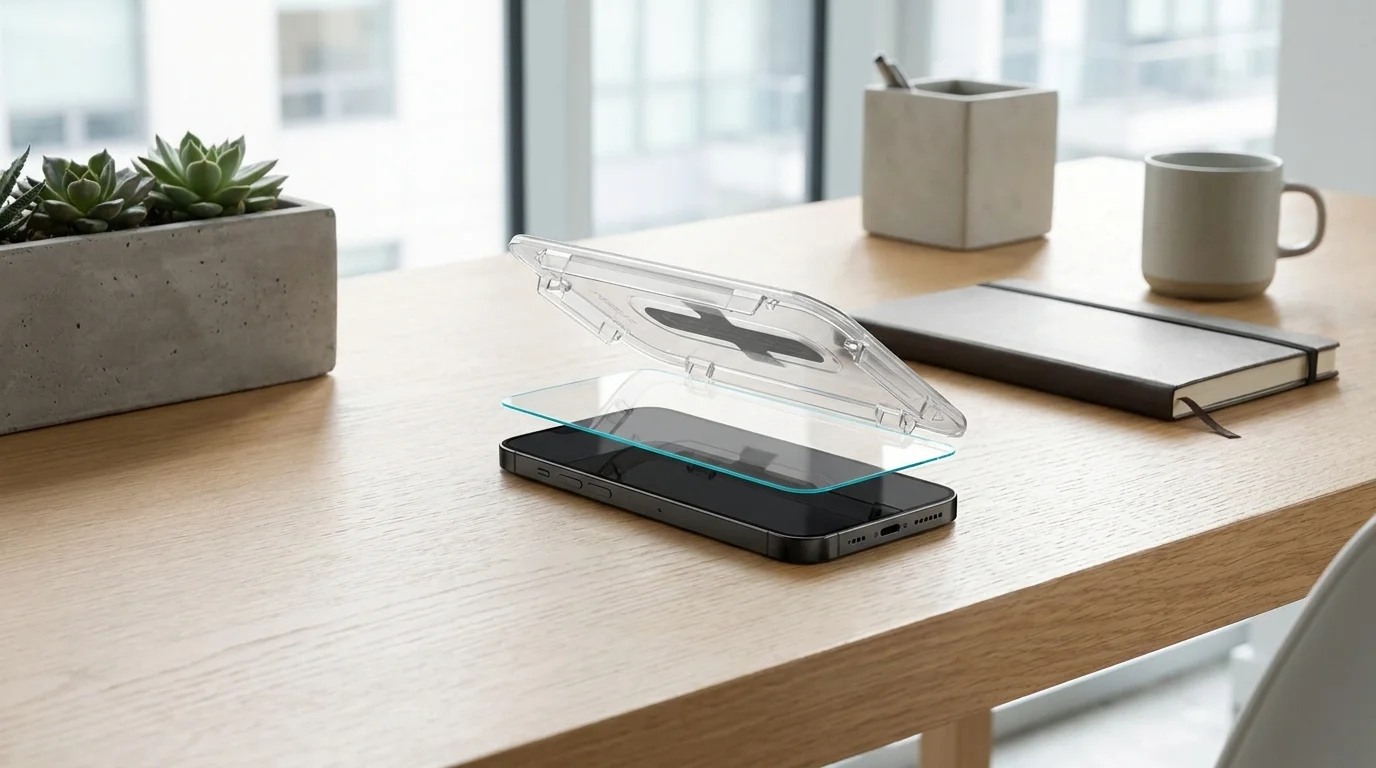 Instalační rámeček s ochranným sklem Spigen Glas.tR EZ Fit nasazovaný na displej telefonu iPhone na stole.