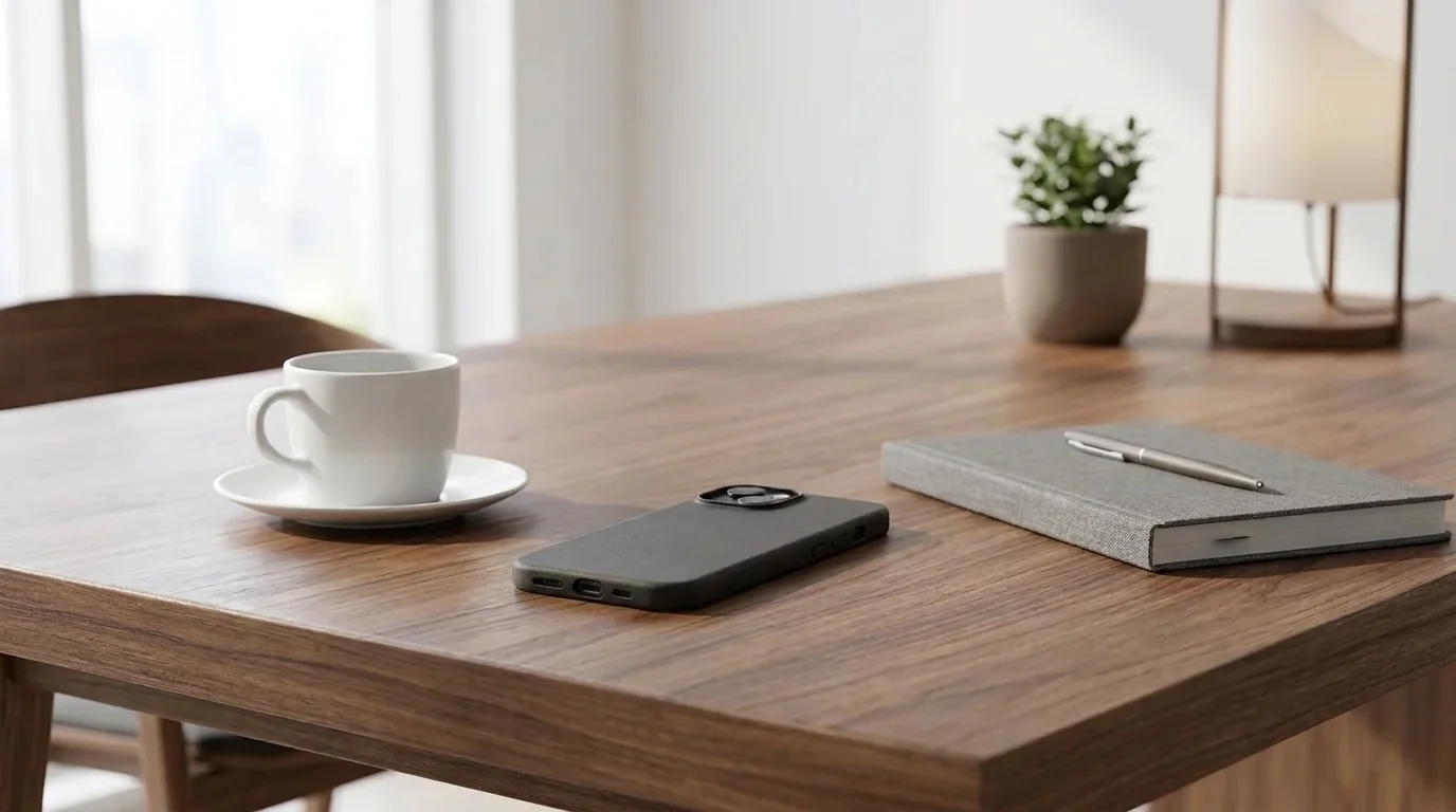 Černý kryt Epico MagLeather case na iPhone položený na dřevěném stole vedle šálku a zápisníku.