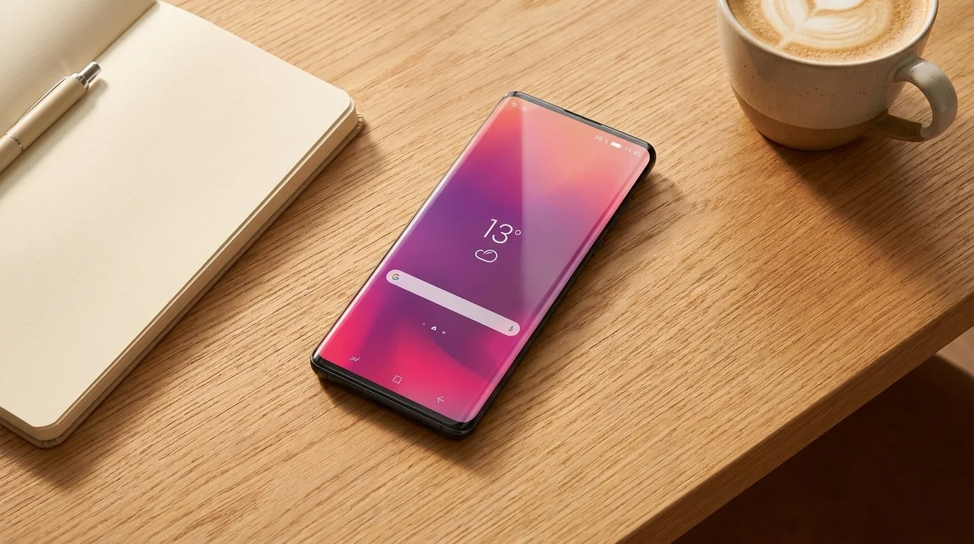 Smartphone Motorola Edge 50 Ultra s ochrannou fólií na zaobleném displeji na dřevěném stole vedle zápisníku a šálku kávy.