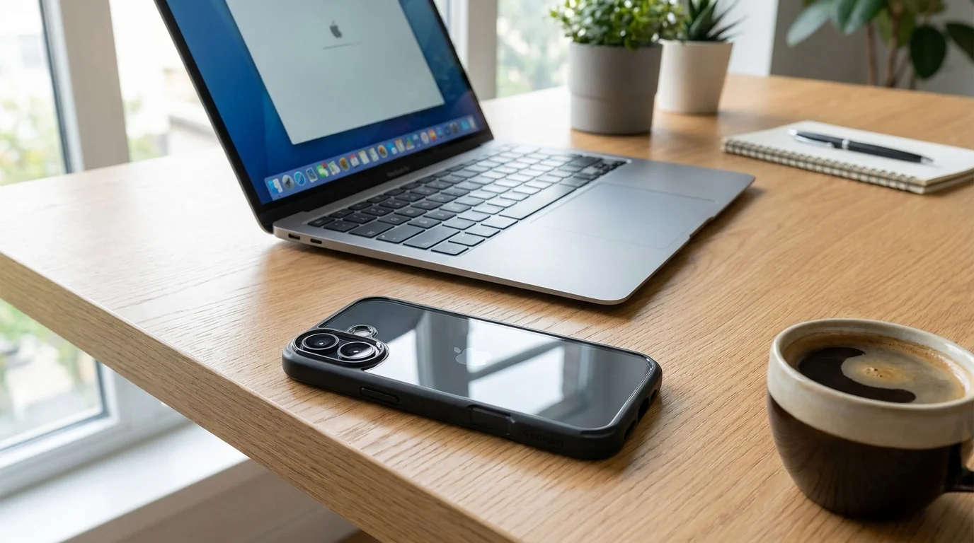 Telefon iPhone 16 v krytu Spigen Ultra Hybrid položený na dřevěném stole vedle notebooku a šálku kávy.