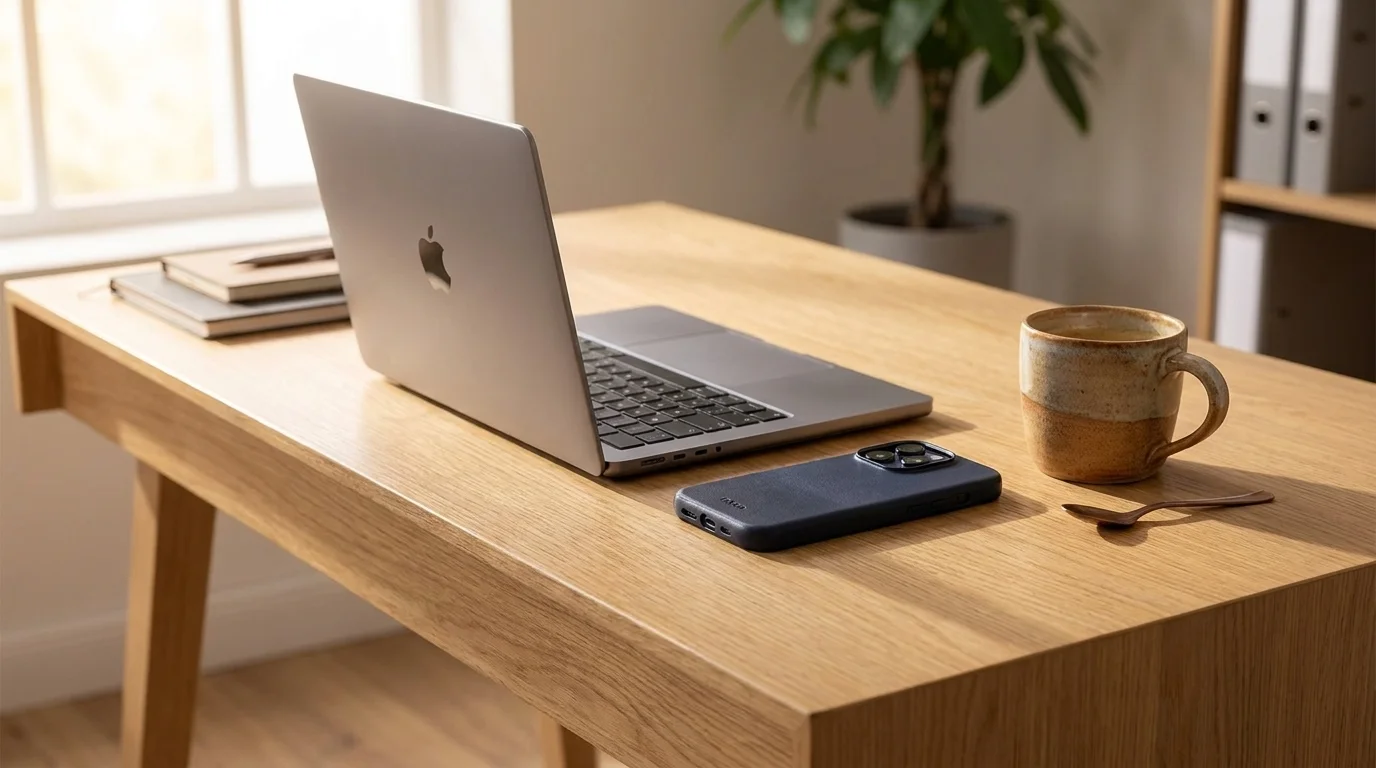 Modrý kožený kryt FIXED MagLeather pro iPhone na dřevěném pracovním stole vedle otevřeného notebooku a hrnku.