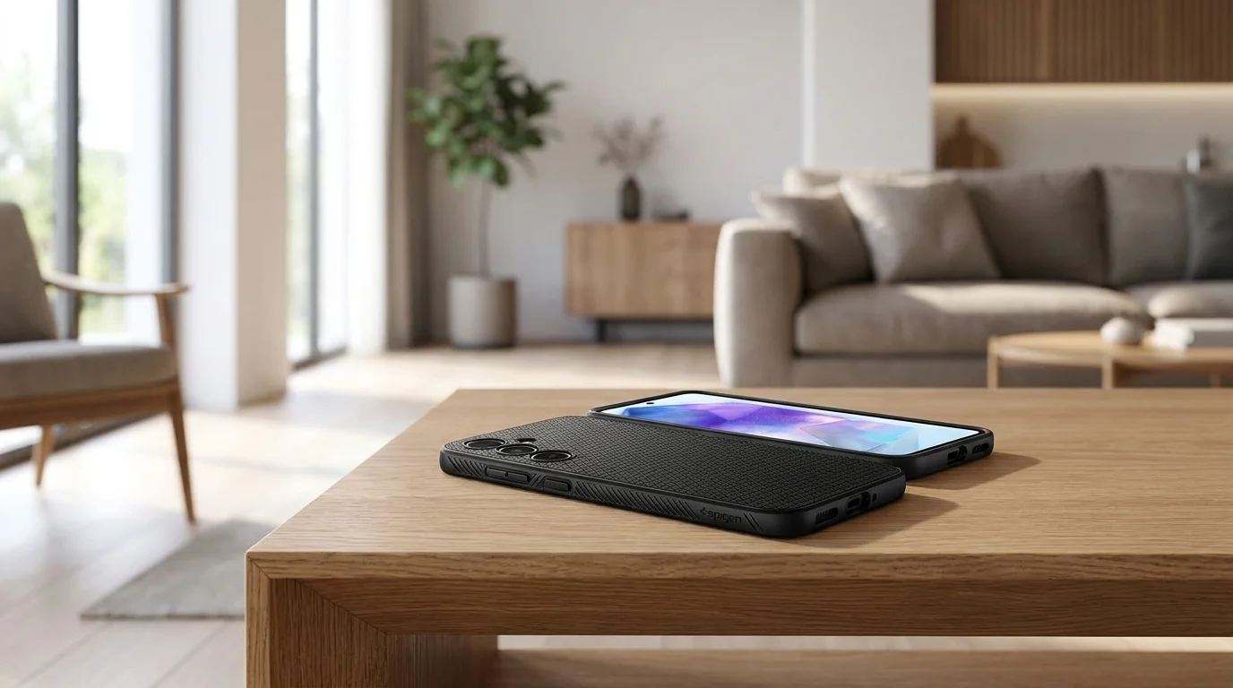 Telefon Samsung Galaxy A55 v černém krytu Spigen Liquid Air položený na dřevěném stolku v obývacím pokoji.