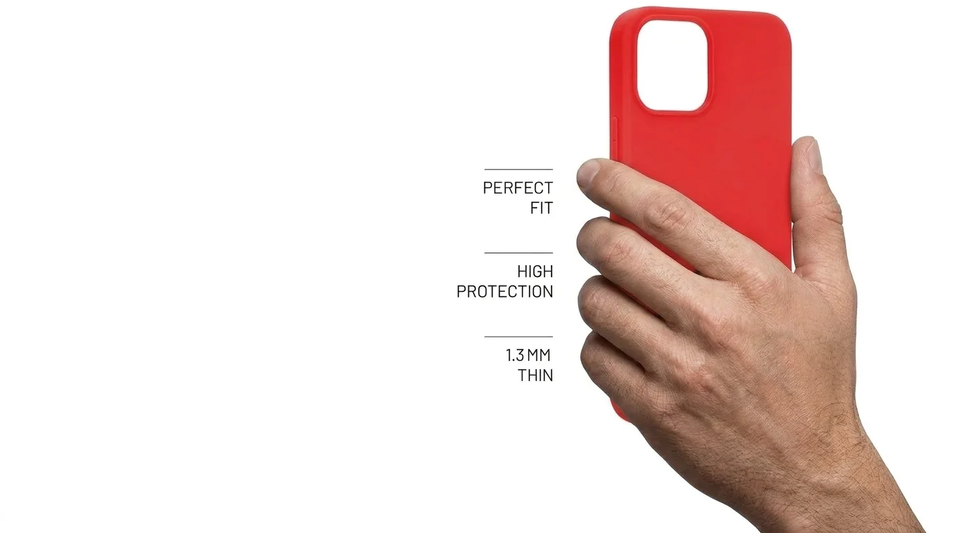 Ruka drží červený kryt FIXED Story pro iPhone doplněný o popisky vlastností jako přesný tvar, vysoká ochrana a tloušťka 1,3 mm.