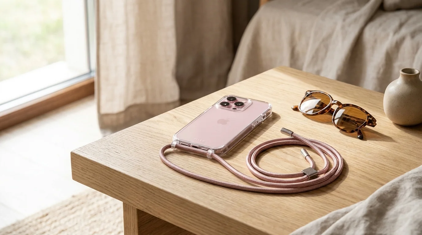 Průhledný kryt FIXED Pure Neck s růžovou šňůrkou na telefonu ležící na dřevěném stole vedle slunečních brýlí.