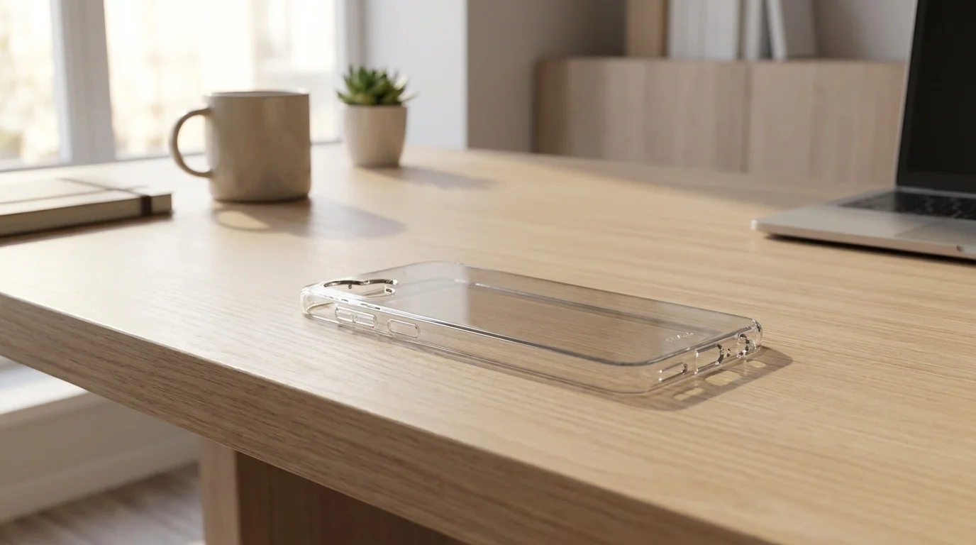 Čiré pouzdro FIXED TPU pro Samsung Galaxy A05 položené na světlém dřevěném stole.